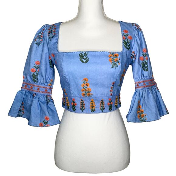 Agua by Agua Bendita Violeta Dahlia Blue Linen Embroidered Floral Cropped Top - Picture 4 of 12